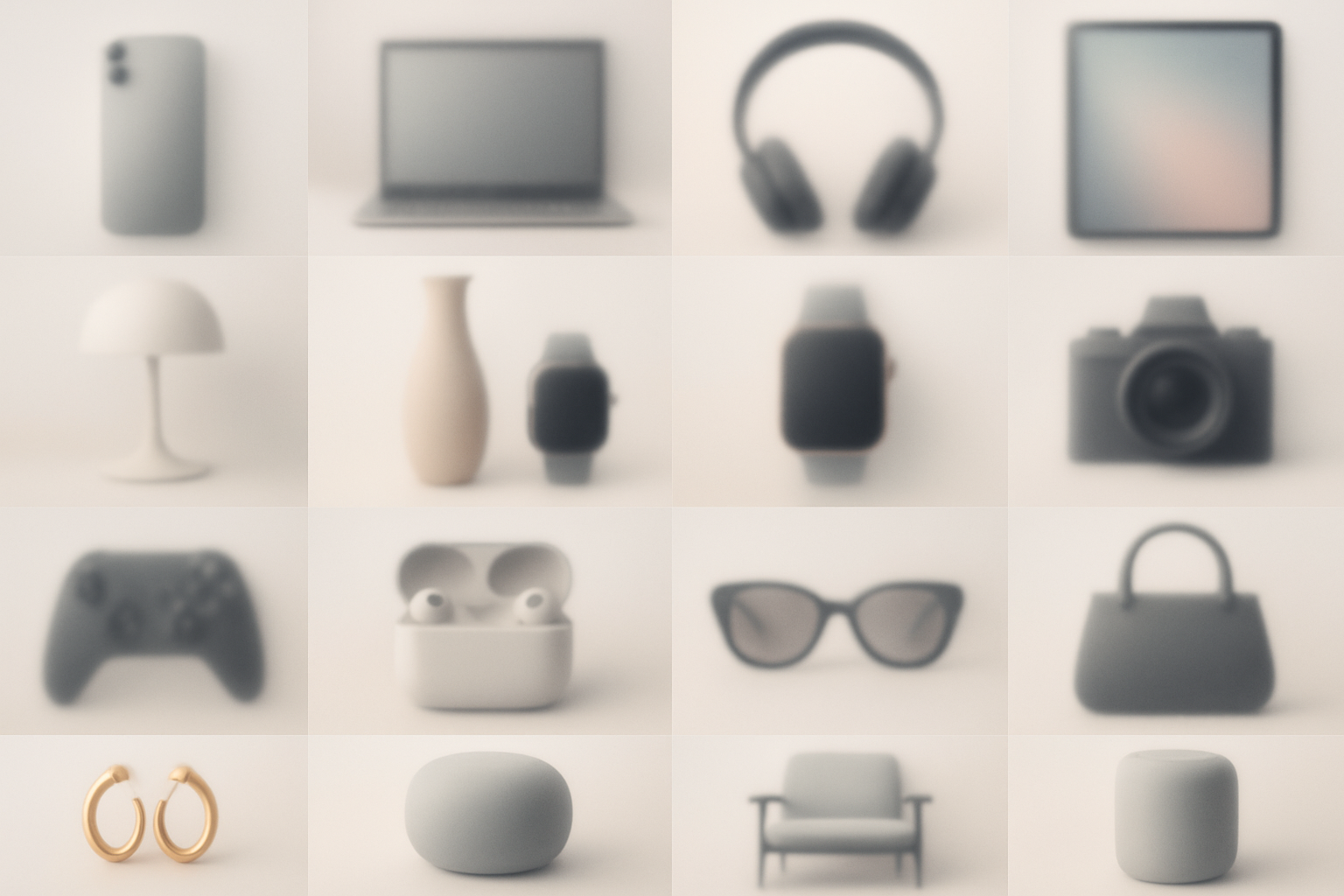 Collage moderno de productos

Imagen difusa o con estilo minimalista donde se ven siluetas de varios artículos (ropa, tecnología, hogar, accesorios…). que haya mas elementos tecnologicos y nada de ropa